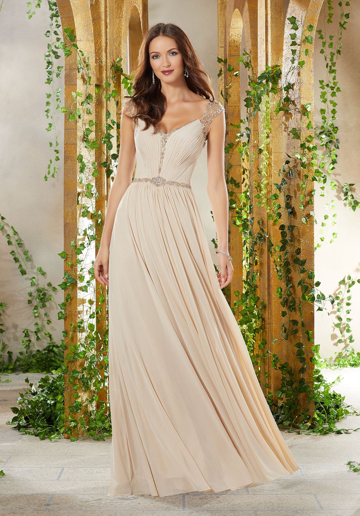 MGNY By Mori Lee - 71917 Crystal Beaded V-neck A-line Gown In Neutral