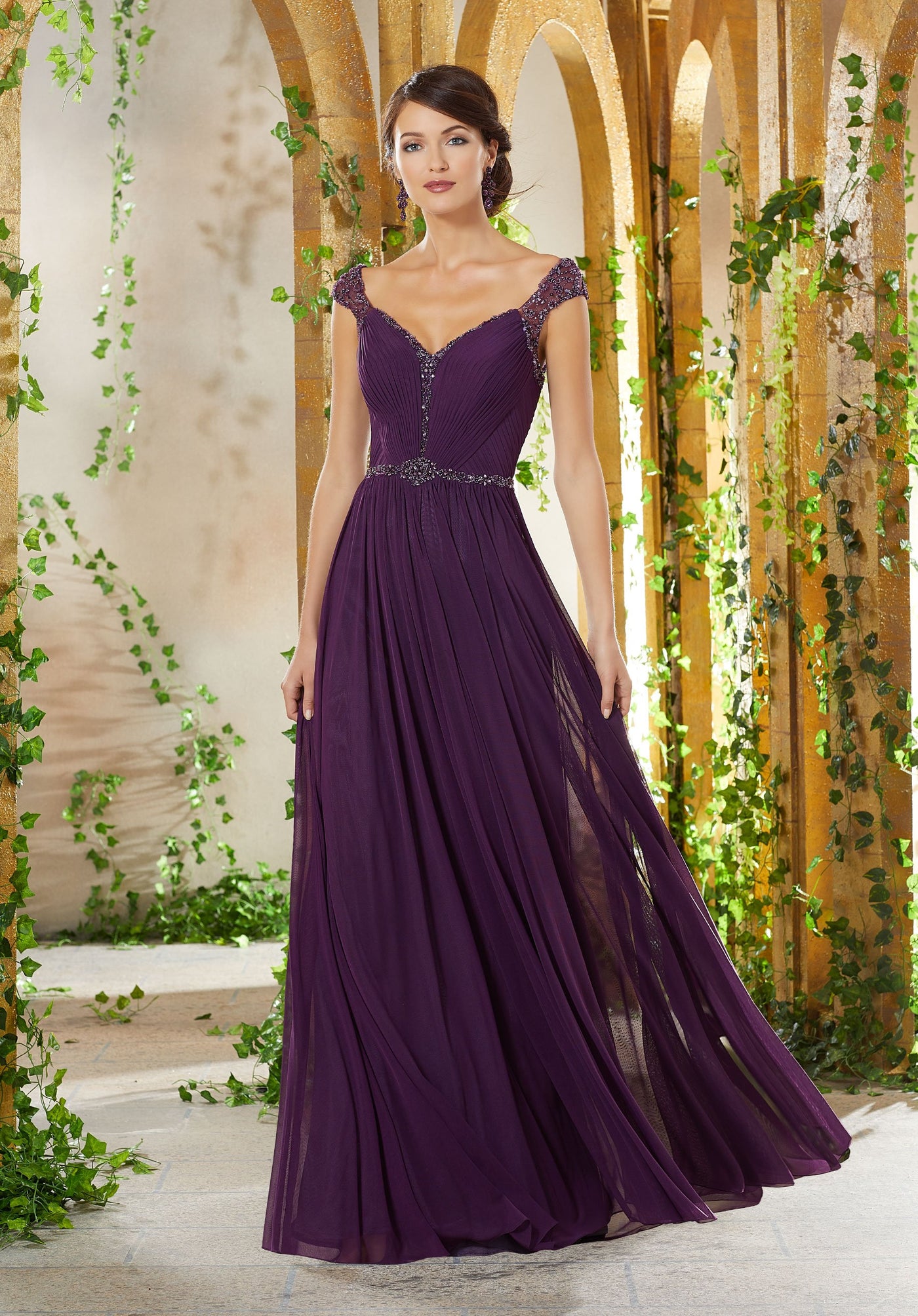 MGNY By Mori Lee - 71917 Crystal Beaded V-neck A-line Gown In Purple