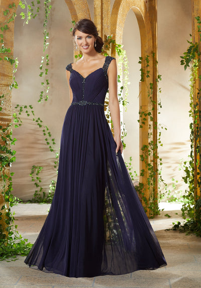 MGNY By Mori Lee - 71917 Crystal Beaded V-neck A-line Gown In Blue