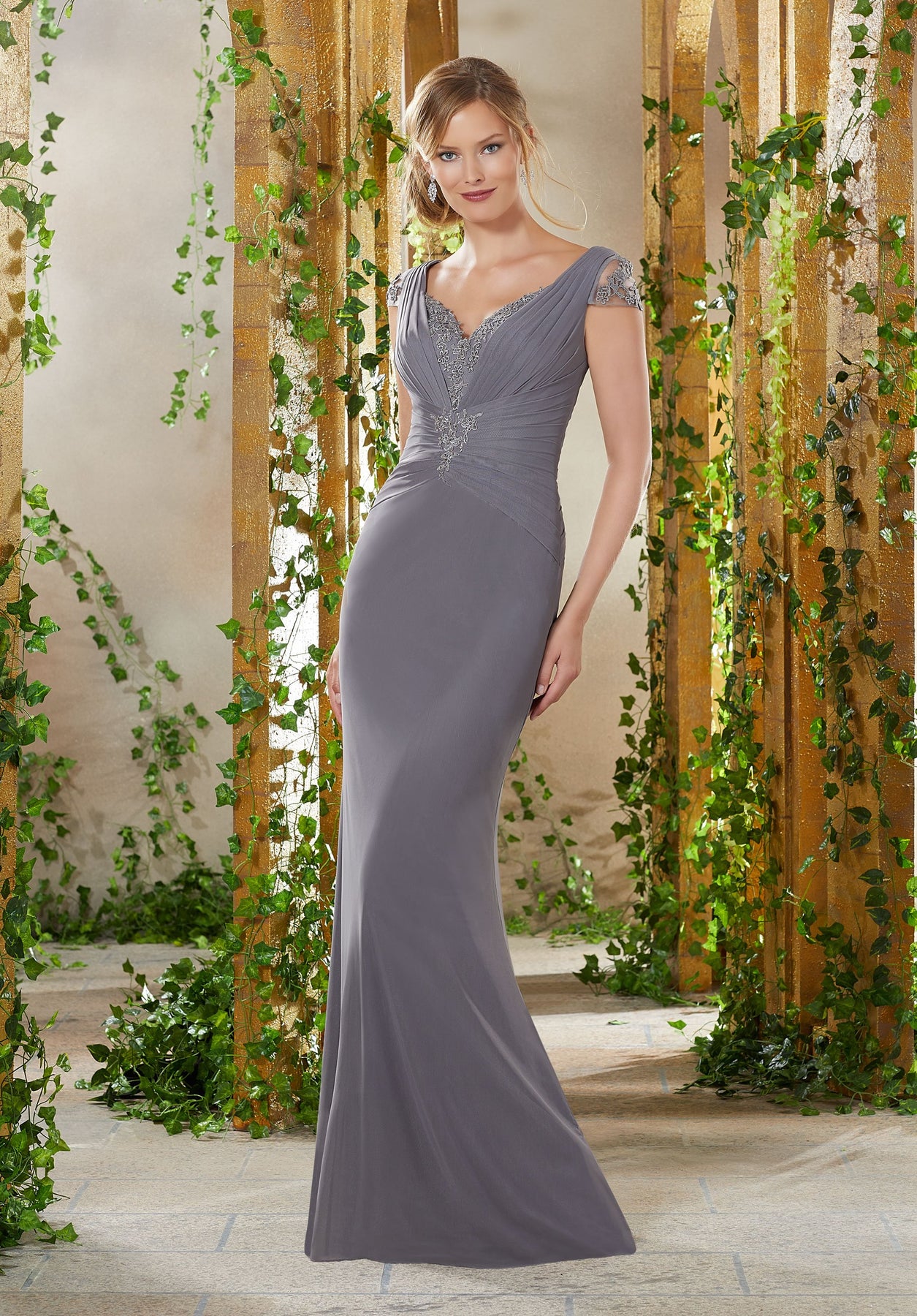 MGNY By Mori Lee - 71923 Embroidered Pleated Sheath Dress In Gray