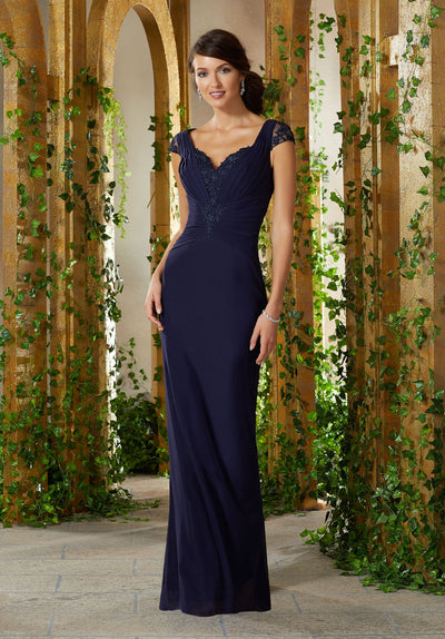 MGNY By Mori Lee - 71923 Embroidered Pleated Sheath Dress In Blue