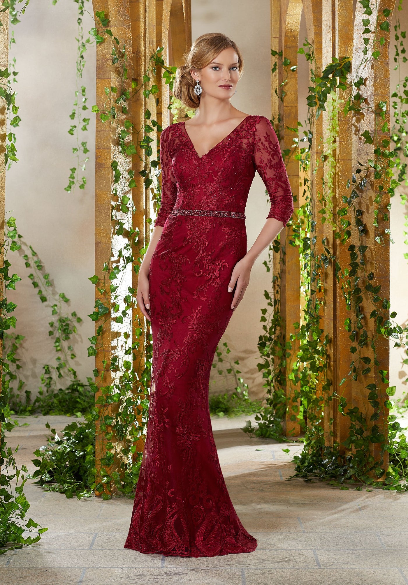 MGNY By Mori Lee - 71924 Embroidered V-neck Trumpet Dress In Red