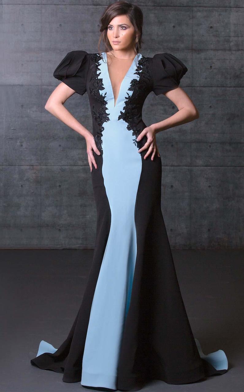 MNM Couture - Floral Deep V-Neck Trumpet Gown N0072 in Black and Blue