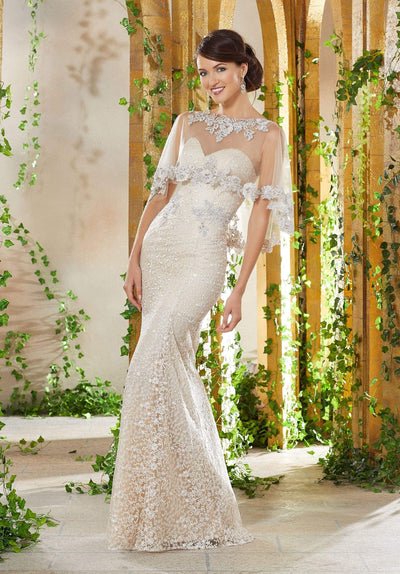 MGNY By Mori Lee - 71936 Beaded Lace Trumpet Gown With Sheer Cape Evening Dresses 0 / Champagne