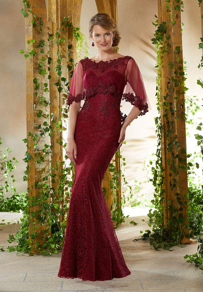 MGNY By Mori Lee - 71936 Beaded Lace Trumpet Gown With Sheer Cape Evening Dresses 0 / Wine