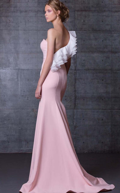 MNM Couture - Asymmetrical Ruffled Trumpet Gown N0105 in Pink and White