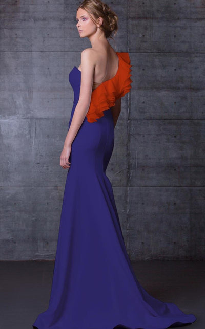 MNM Couture - Asymmetrical Ruffled Trumpet Gown N0105 in Blue and Orange