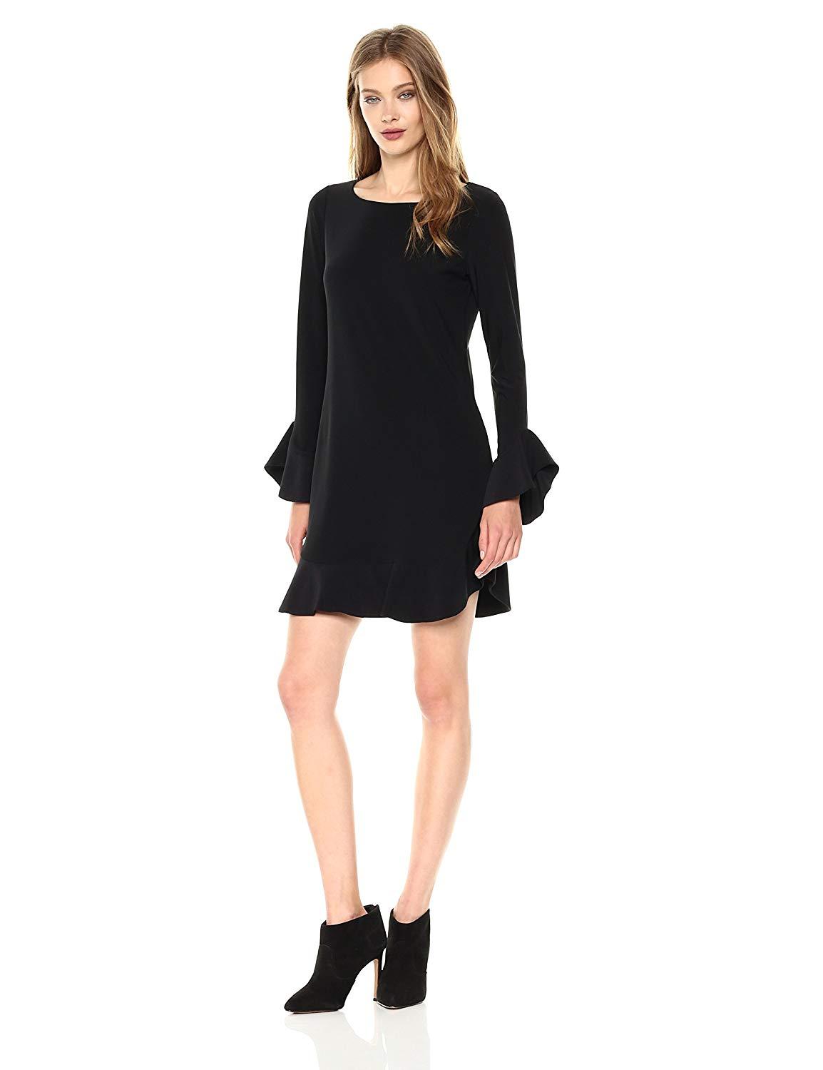 Laundry - 97F34310 Flounce Cuff Long Sleeves Solid Jersey Shift Dress In Black