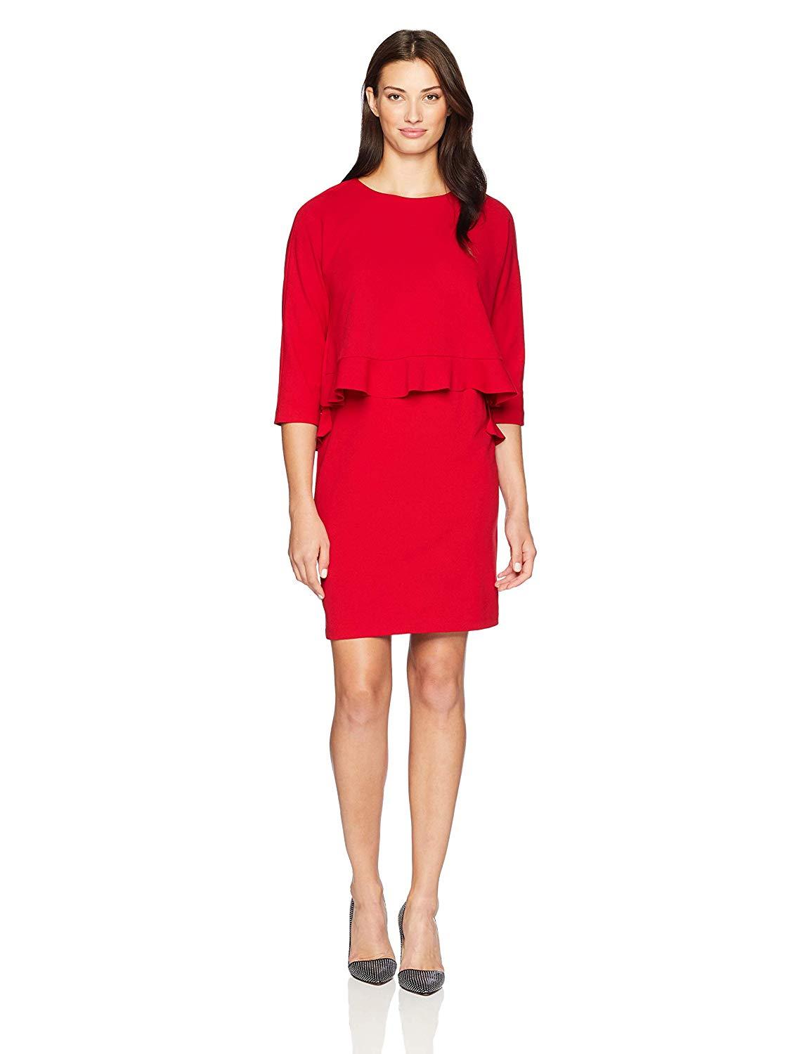 Taylor - 9859M Quarter Sleeve Ruffle-Trimmed Popover Dress In Red