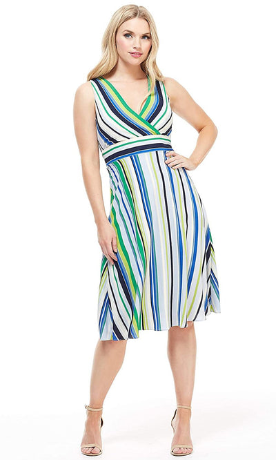 London Times - T4380M Striped Sleeveless Surplice V Neck A-Line Dress In Blue and Multi-Color