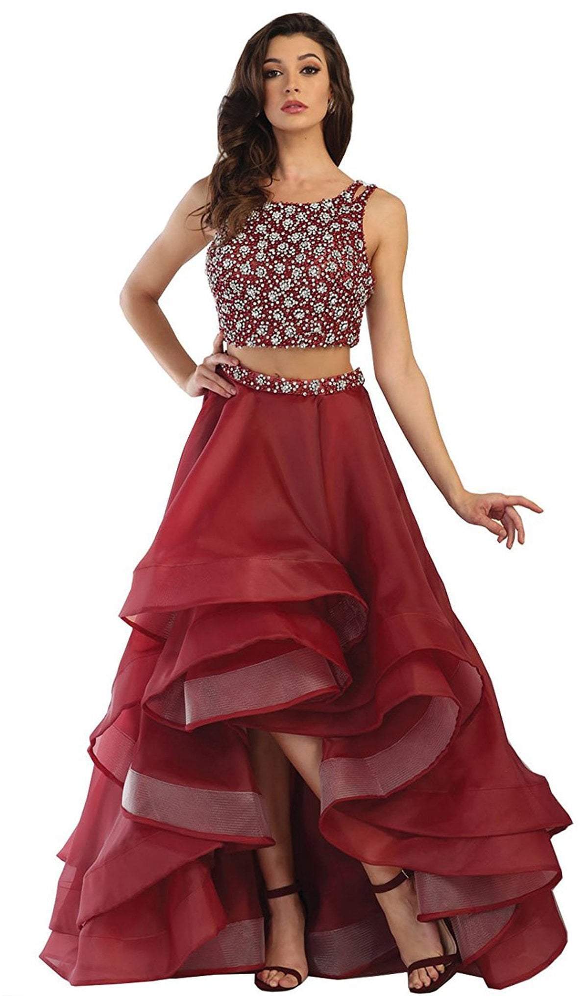 May Queen - RQ7486 Two Piece Bateau A-line Prom Dress In Red