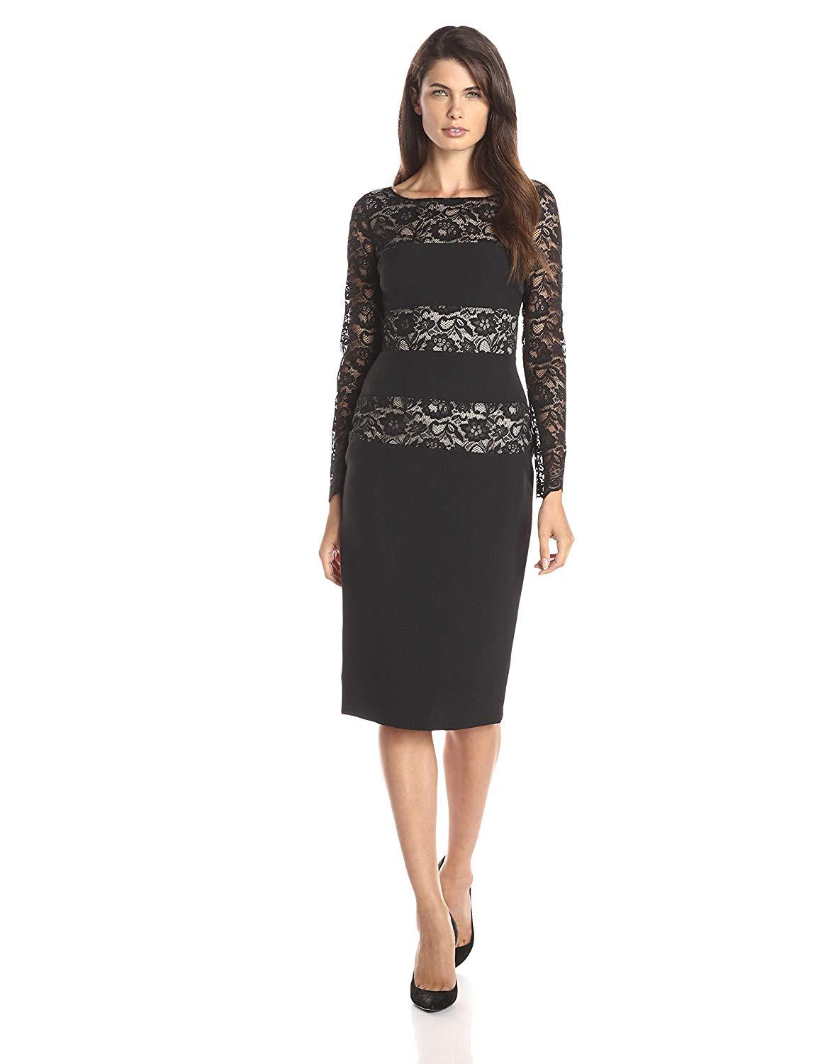 London Times - L1431M Knee Length Long Sleeve Colorblock Lace Dress In Black and Neutral