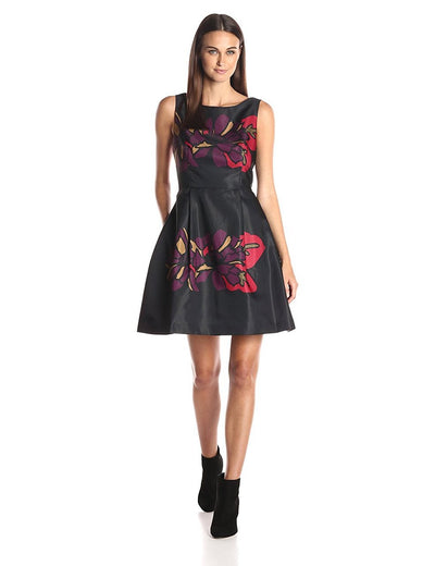 Taylor - Floral Print Short Dress 8476M in Black and Floral