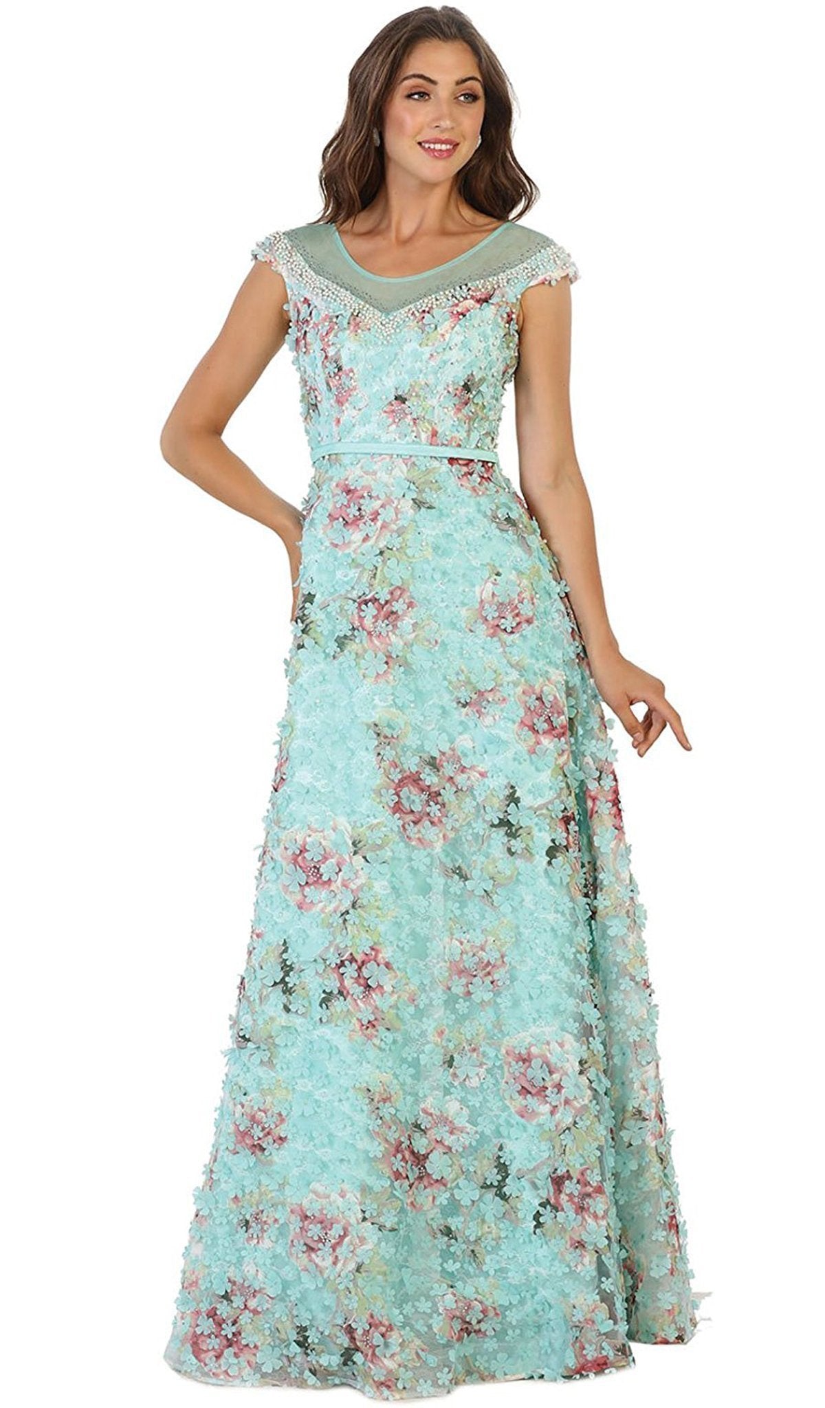 May Queen - RQ7554 Cap Sleeve Floral Embellished A-line Evening Gown In Blue