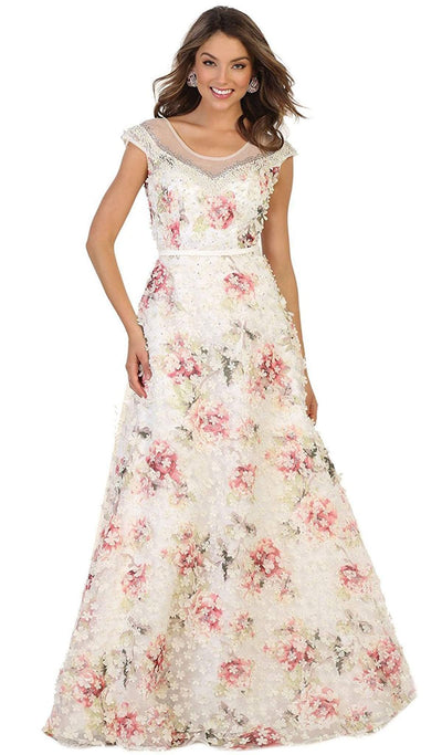 May Queen - RQ7554 Cap Sleeve Floral Embellished A-line Evening Gown In White