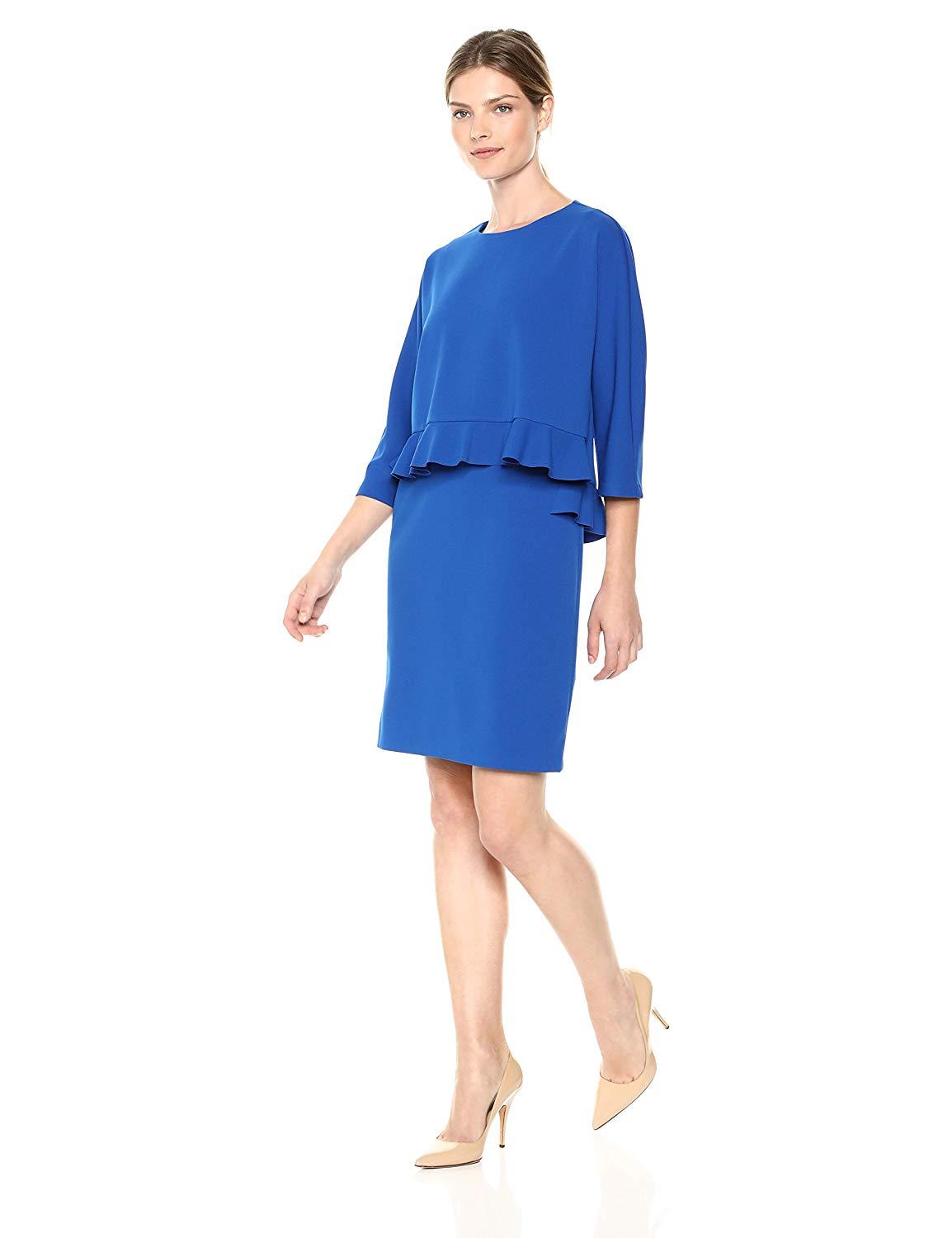 Taylor - 9859M Quarter Sleeve Ruffle-Trimmed Popover Dress In Blue