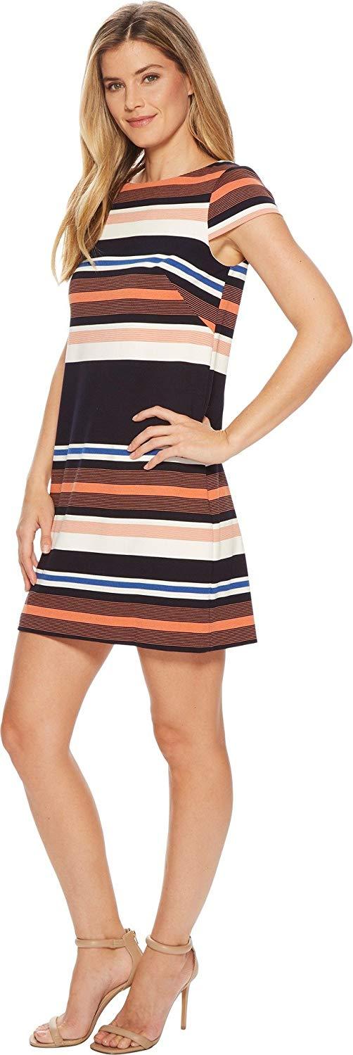 Adrianna Papell - AP1D102296 Striped Bateau A-Line Dress In Orange and Multi-Color