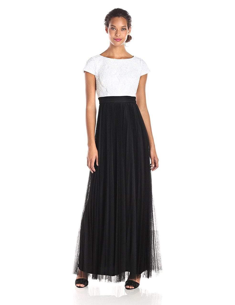 Adrianna Papell - 81907380 Floral Lace Pleated A Line Dress in Black and White