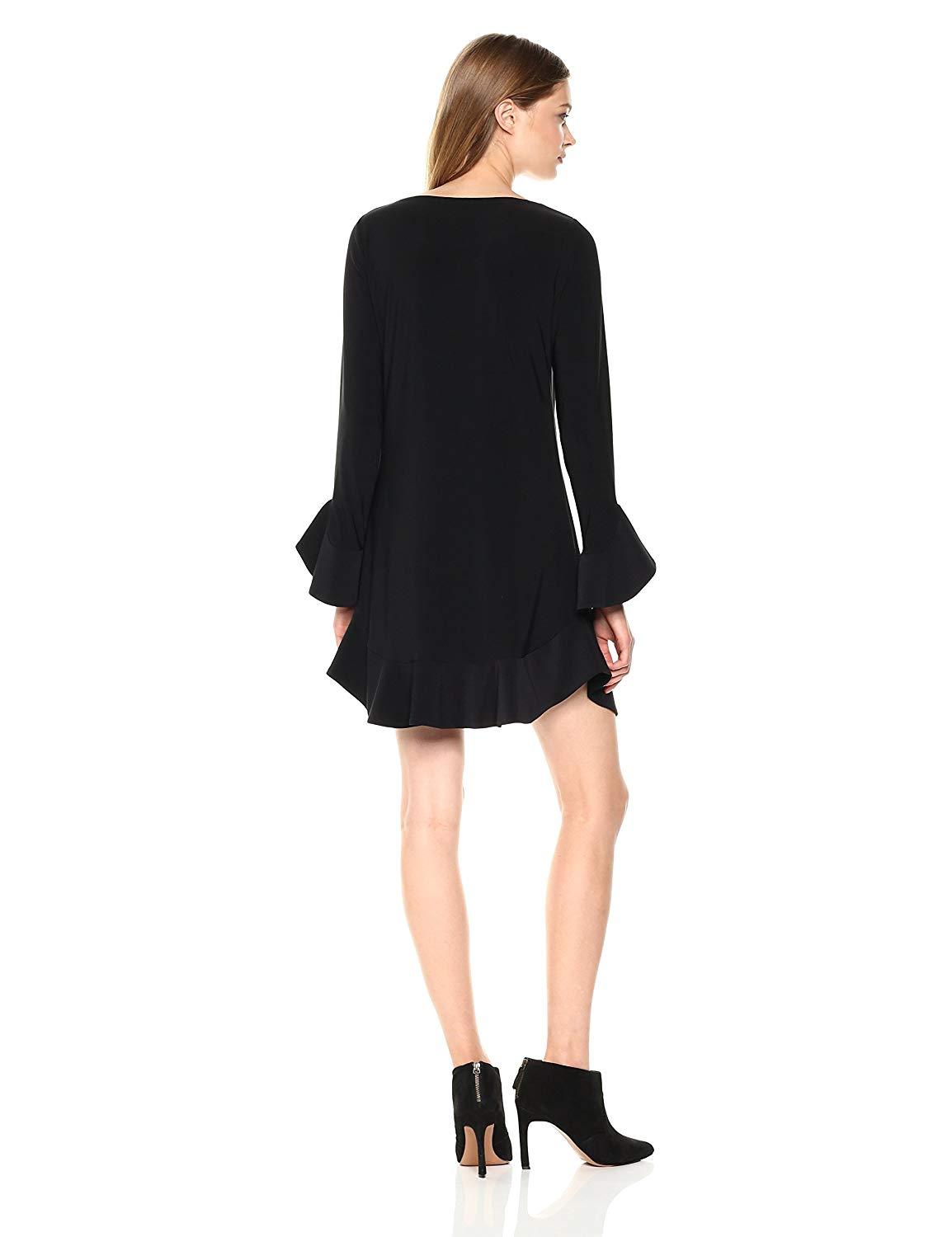 Laundry - 97F34310 Flounce Cuff Long Sleeves Solid Jersey Shift Dress In Black