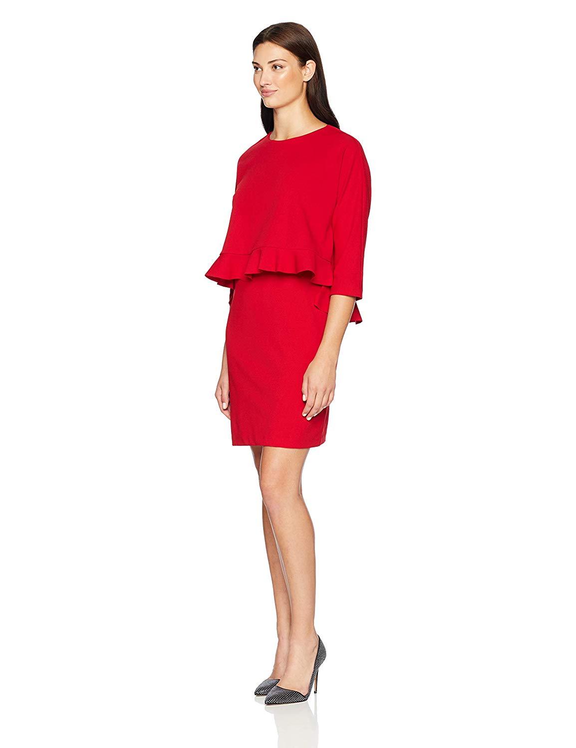 Taylor - 9859M Quarter Sleeve Ruffle-Trimmed Popover Dress In Red