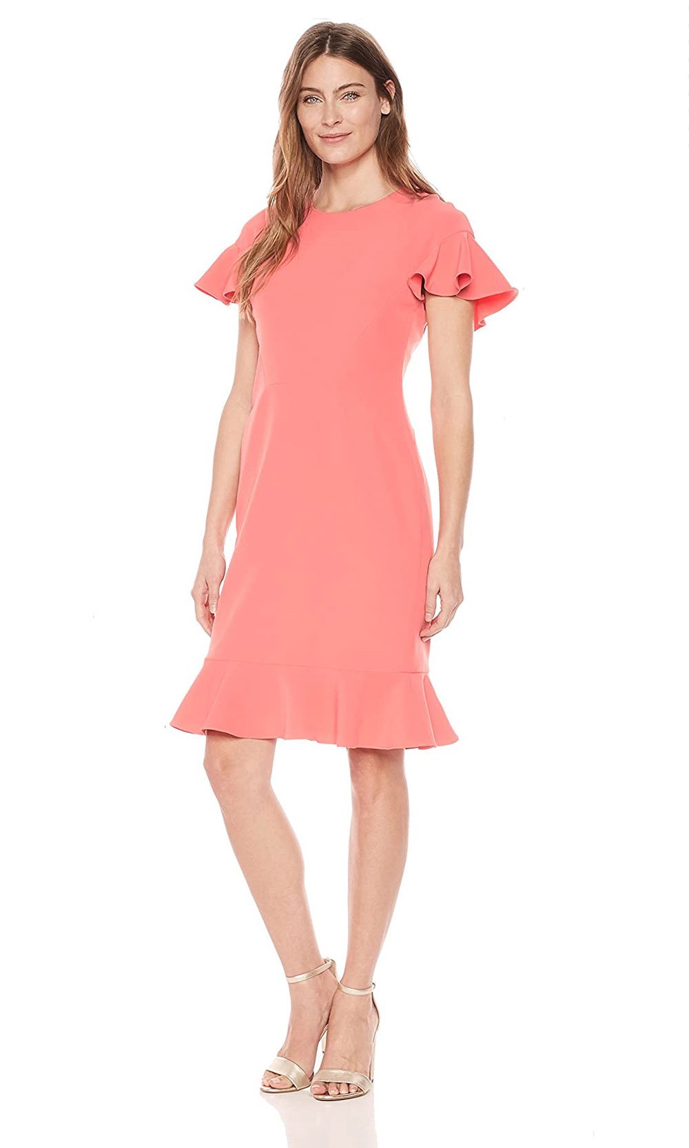 Maggy London - G3349M Short Sleeve Jewel Neck Flounce Hem Dress In Pink