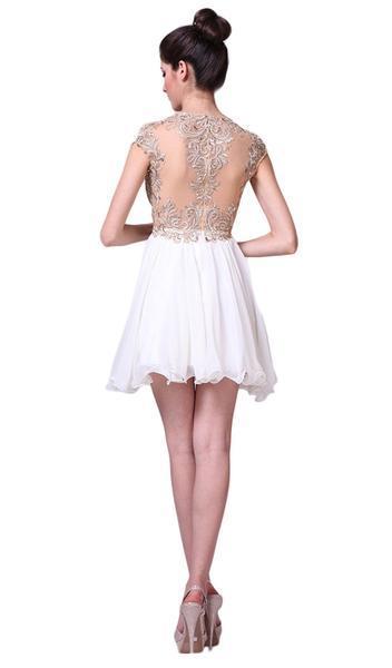 Cinderella Divine - Lace Appliqued Bodice Empire Waist Cocktail Dress 71 In White and Neutral