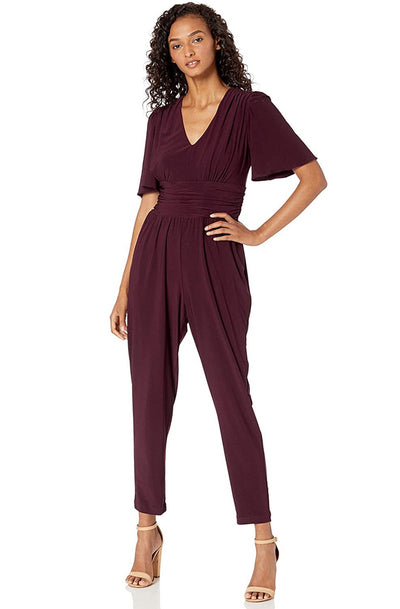 Taylor - 1564M Short Sleeve Ruched Tapering Jumpsuit In Red