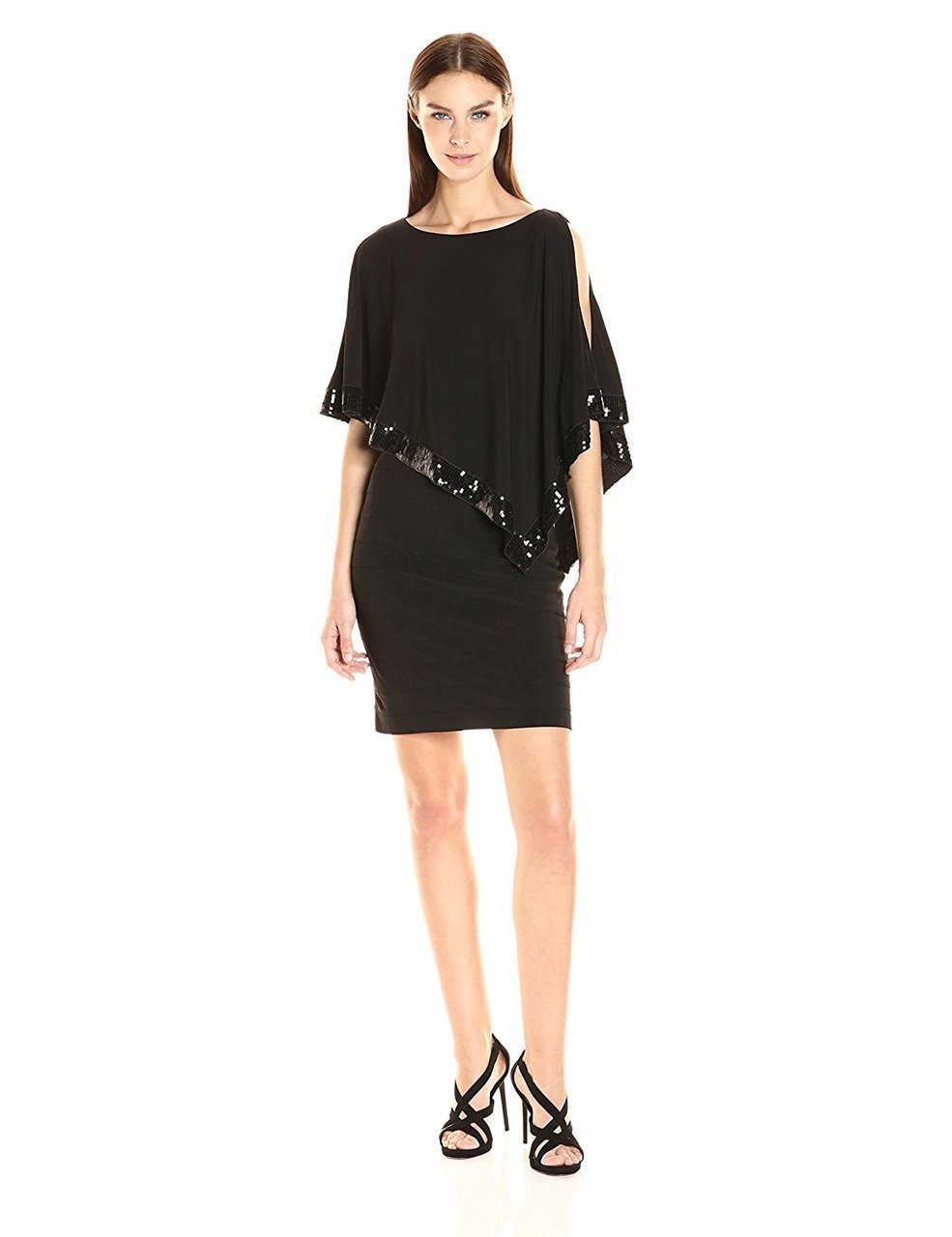 Adrianna Papell - Sequin-Trimmed Cutaway Capelet Dress in Black