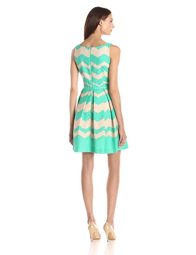Taylor - Pleated Chevron Jacquard Dress 5445M in Green and Neutral