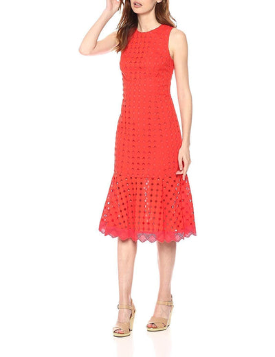 Donna Morgan - D5943M XD Jewel Neck Solid Eyelet Trumpet Dress In Red