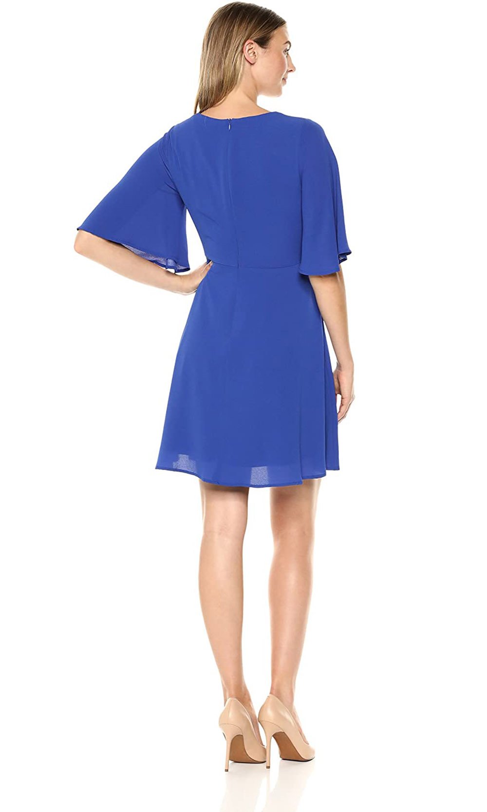 London Times - T3515M Short Sleeve V Neck A-Line Dress In Blue