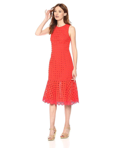 Donna Morgan - D5943M XD Jewel Neck Solid Eyelet Trumpet Dress In Red