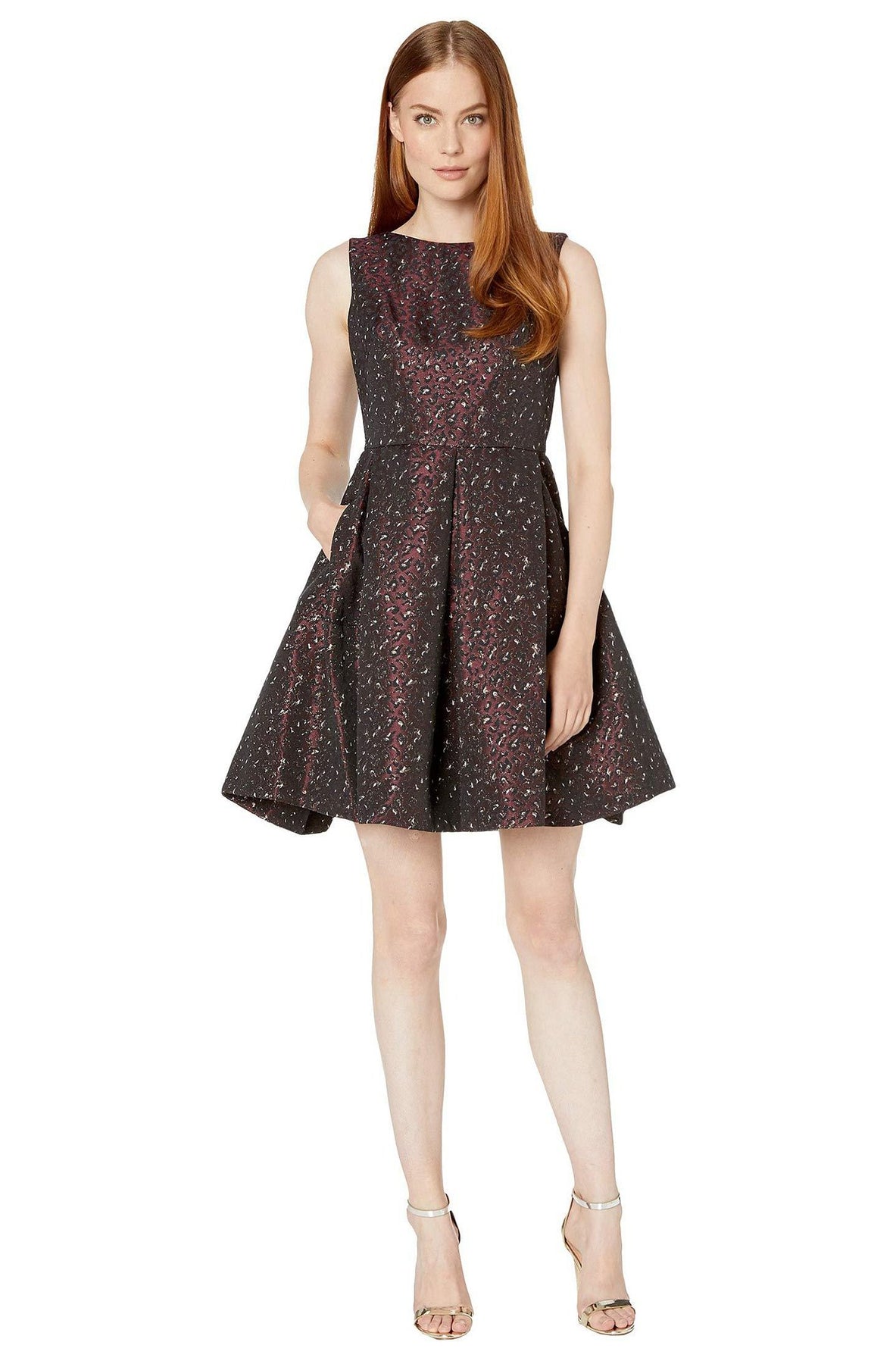 Taylor 1634M - Short A-Line Dress - Sleeveless, Jacquard, Box Pleats, Side Pockets, Full Back, Exposed Metallic Zipper Closure, Short Hem ADASA Taylor 1634M - Short A-Line Dress - Sleeveless, Jacquard, Box Pleats, Side Pockets, Full Back, Exposed Metallic Zipper Closure, Short Hem ADASA