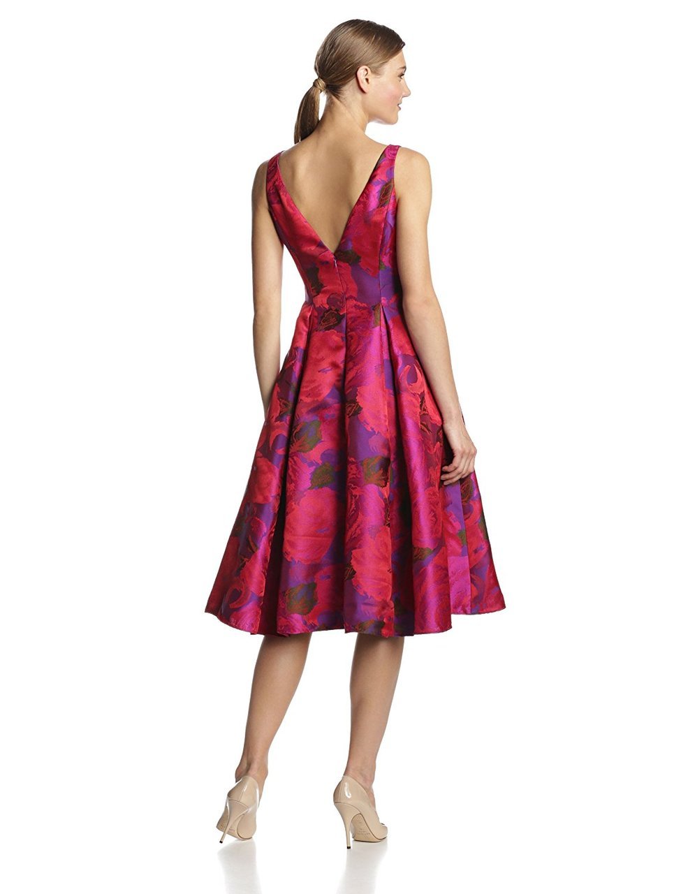 Adrianna Papell - 41889270 Tea-Length Jacquard Floral Print Dress in Pink and Floral