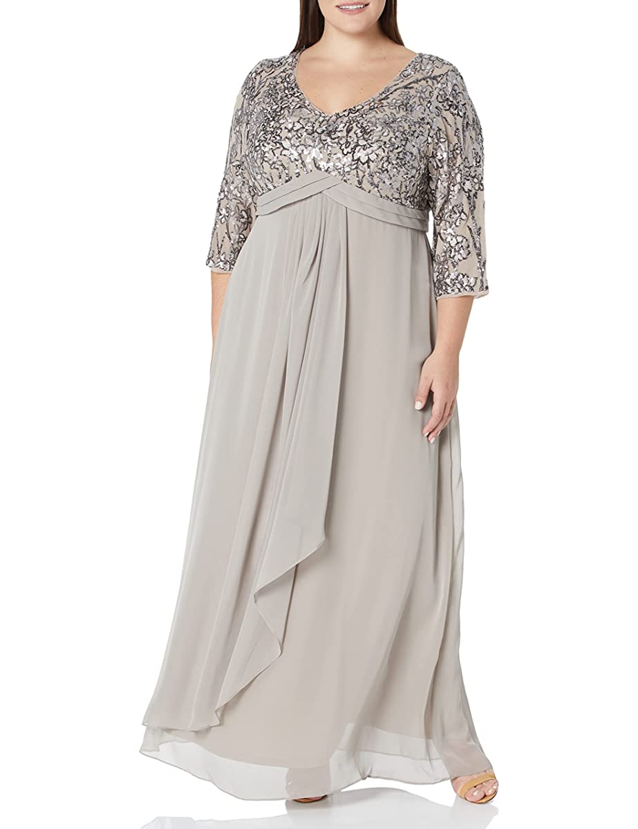 Alex Evenings 8496784 - Sequined Quarter Sleeve Formal Gown In Gray