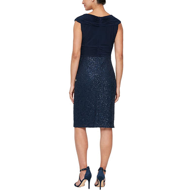 Alex Evenings 81122525 - Empire Cross Pleated Bod Midi Dress In Blue and Black
