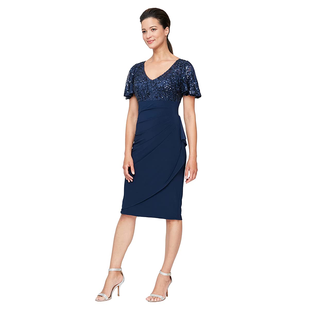 Alex Evenings 8196786 - Short Sleeve V-Neck Formal Dress In Blue
