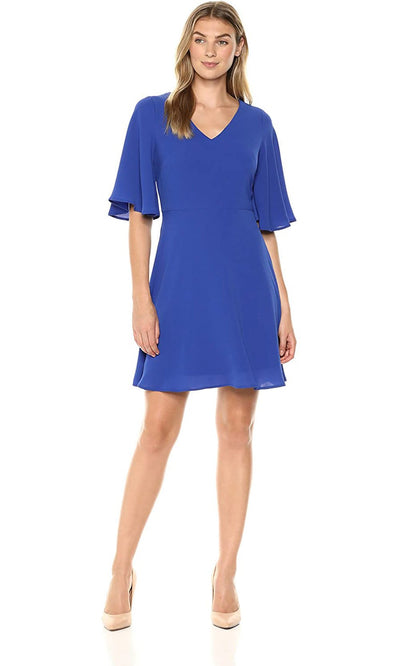 London Times - T3515M Short Sleeve V Neck A-Line Dress In Blue