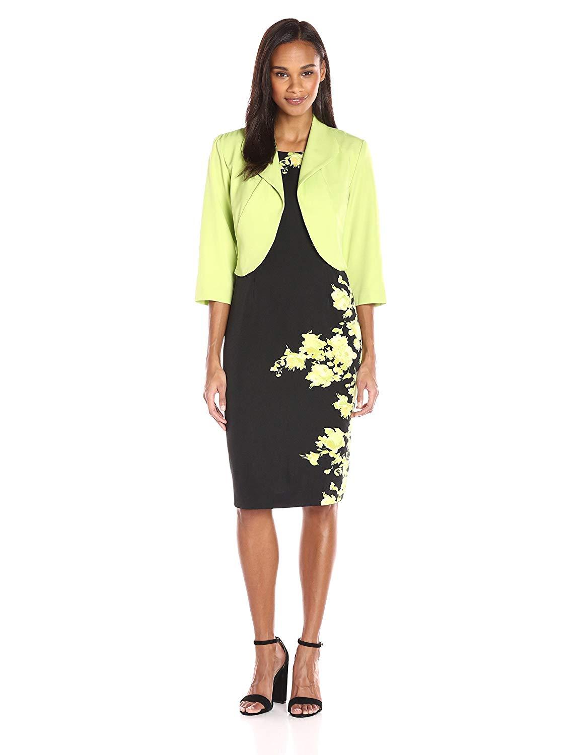 Maya Brooke - 26323 Floral Printed Fitted Dress With Collared Jacket In Black and Green