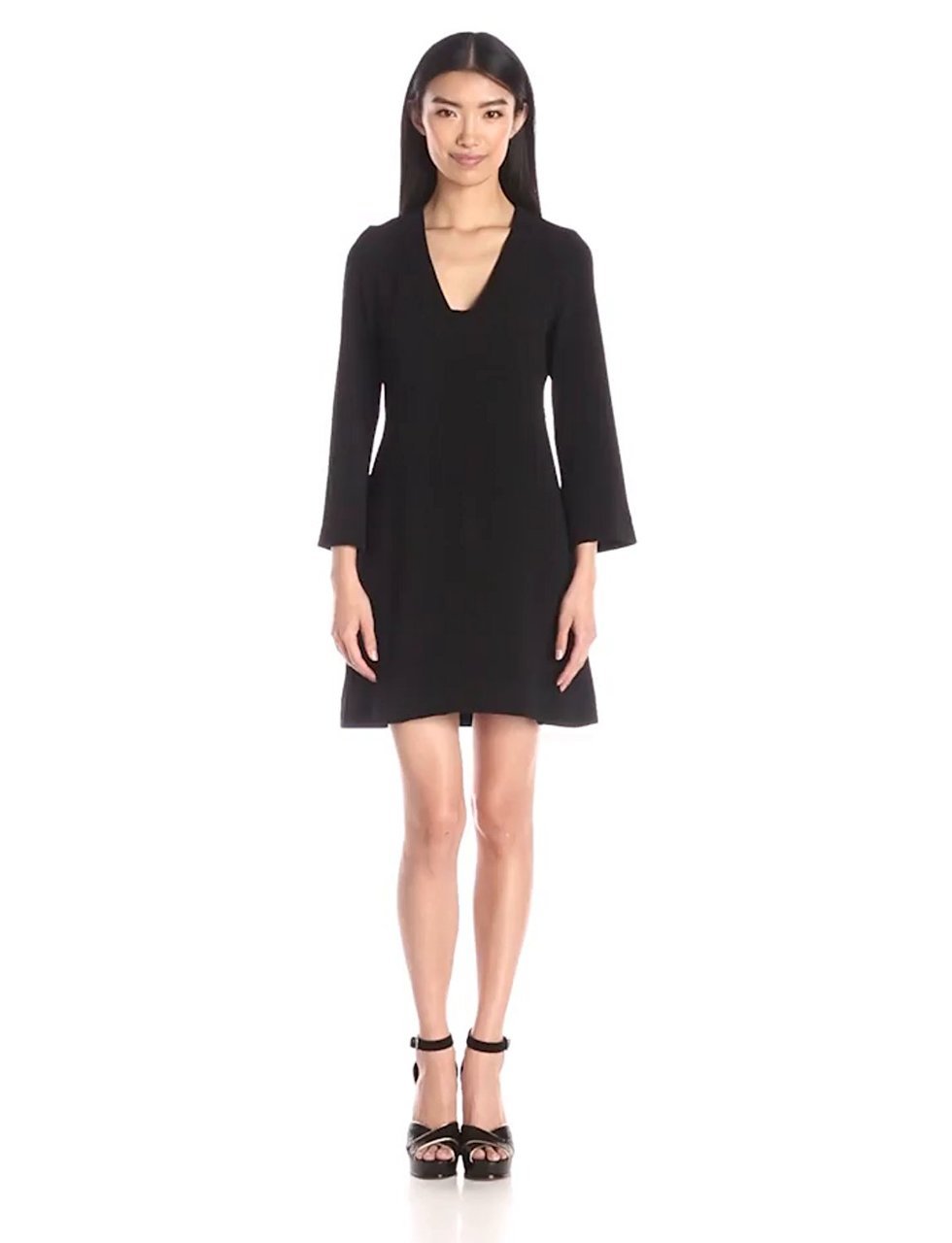 Taylor - Bell Sleeves V-Neck Short Crepe Dress 7038M in Black
