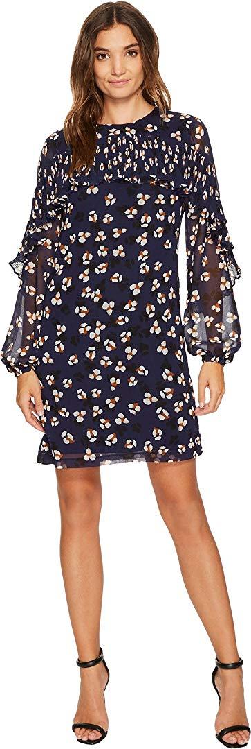 Donna Morgan - D5513M Ruffle Long Sleeves Printed Chiffon Shift Dress In Blue and Multi-Color