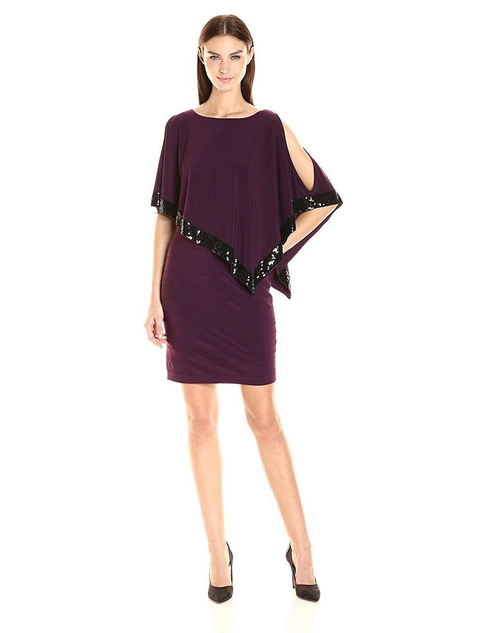 Adrianna Papell - AP1D100418 Sequin Trim Capelet Banded Sheath Dress in Purple