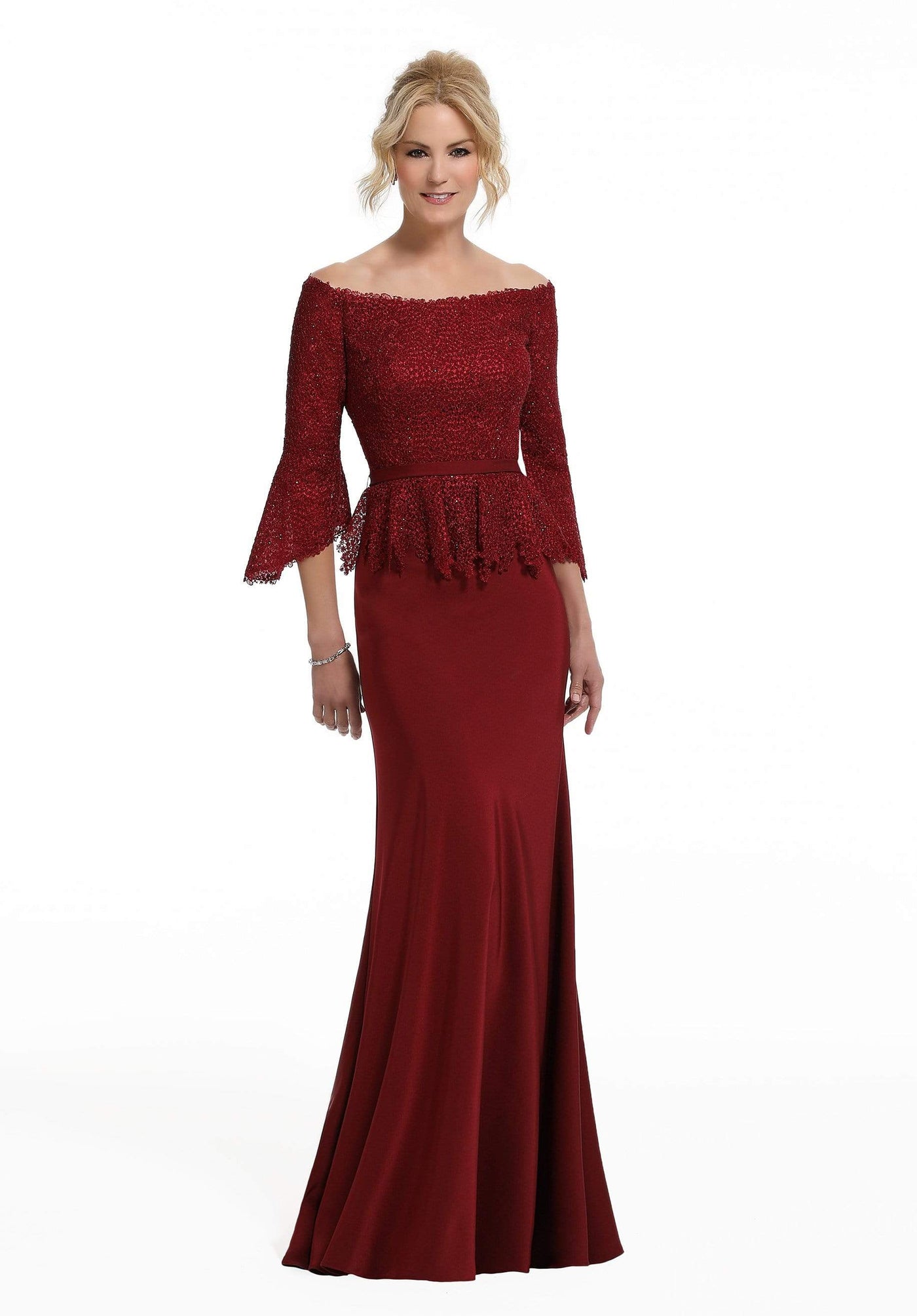 MGNY By Mori Lee - 72005 Beaded Off-Shoulder Dress with Peplum Mother of the Bride Dresses 0 / Wine