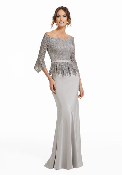MGNY By Mori Lee - 72005 Beaded Off-Shoulder Dress with Peplum Mother of the Bride Dresses 0 / Taupe