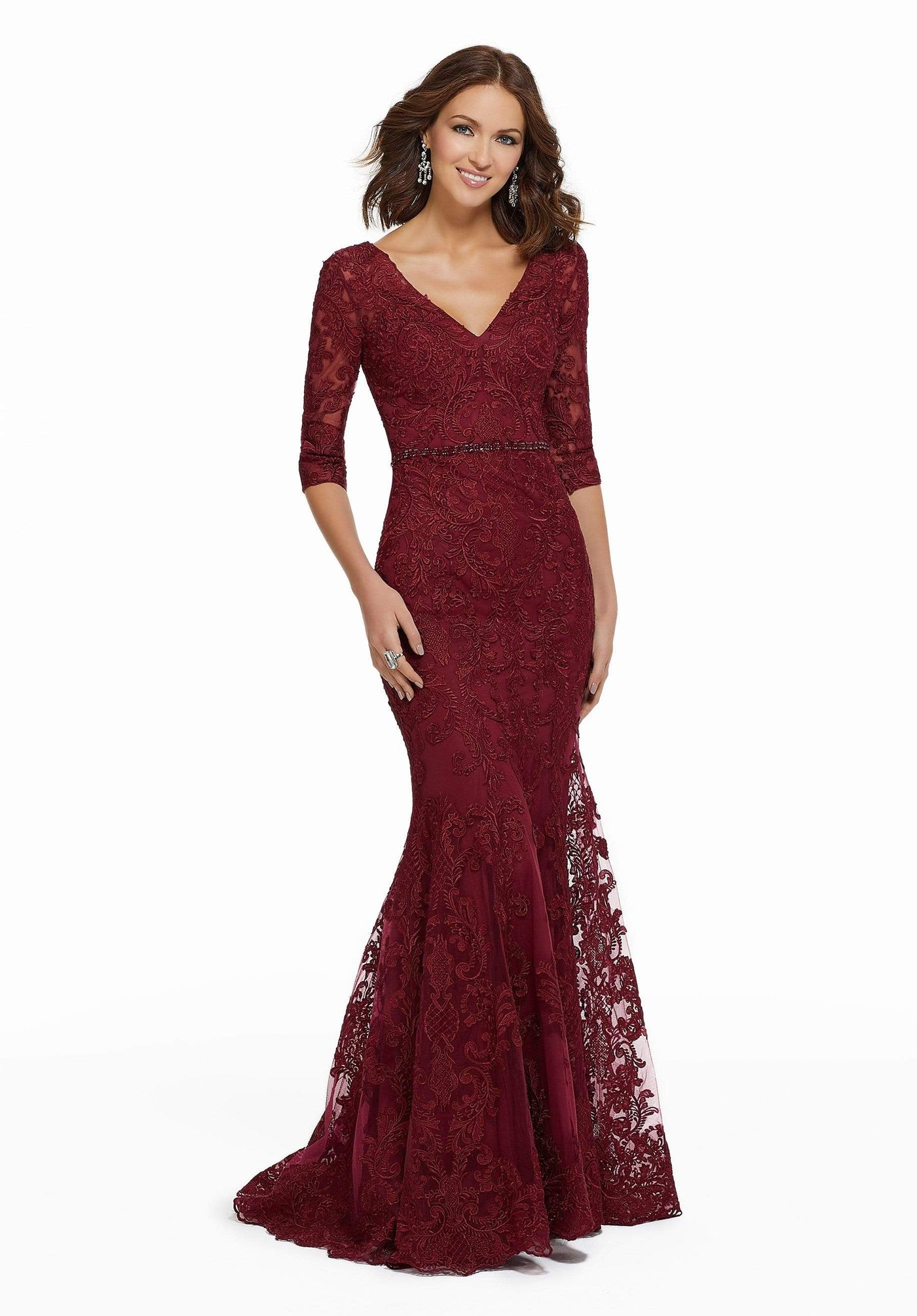 MGNY By Mori Lee - 72009 Embroidered V-Neck Mermaid Gown Mother of the Bride Dresses 0 / Wine