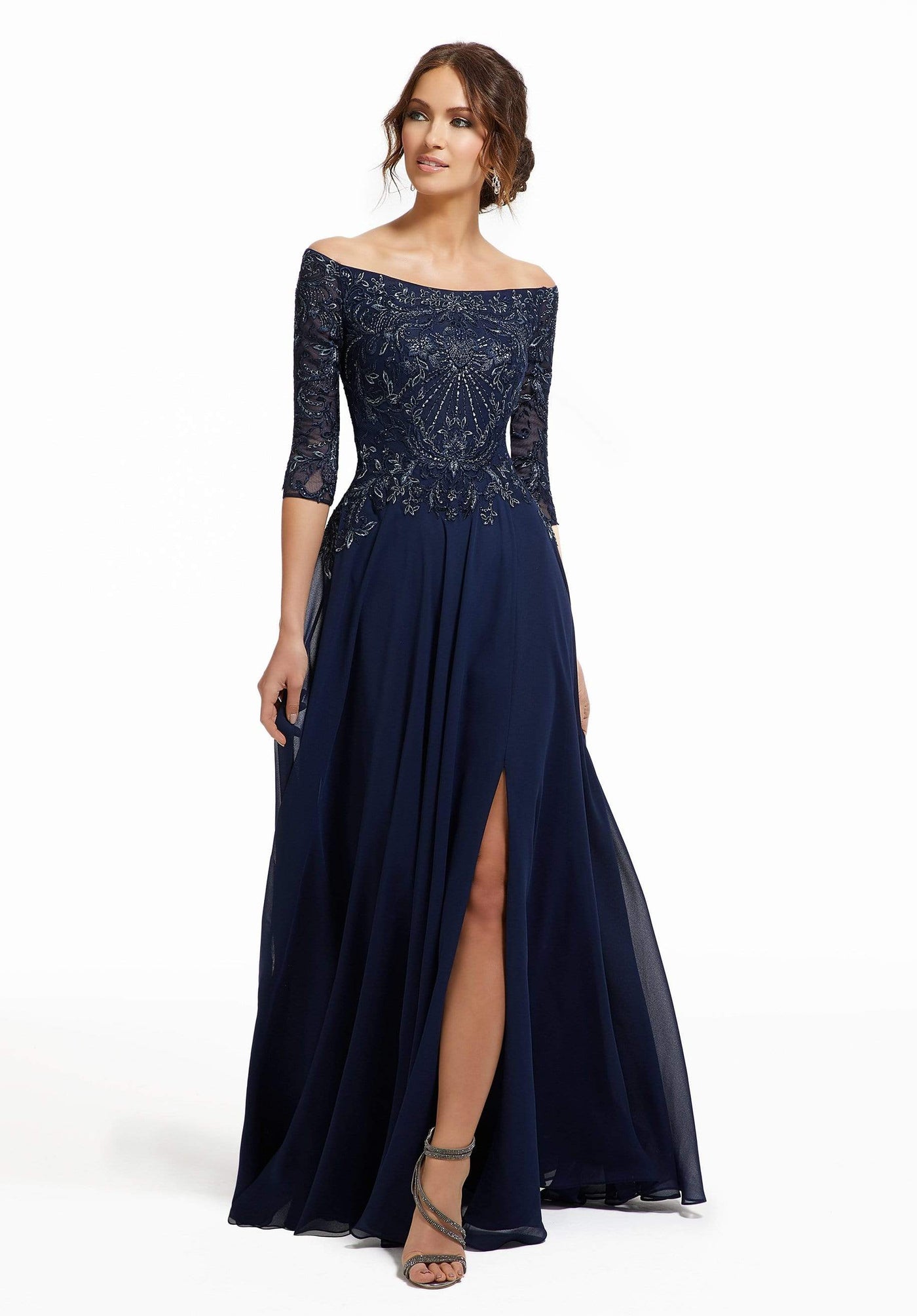 MGNY By Mori Lee - 72017 Beaded Embroidered Dress with Slit Mother of the Bride Dresses 0 / Navy