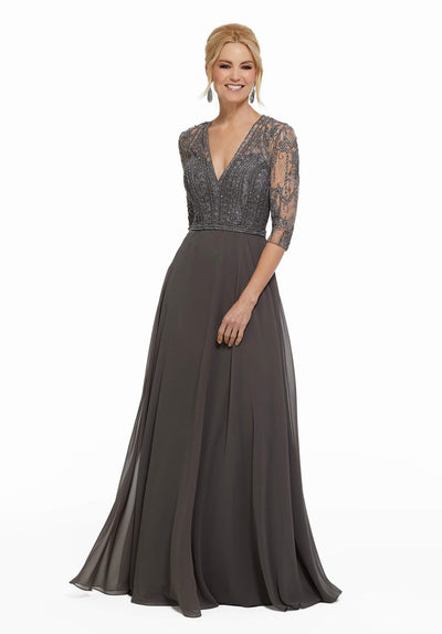 MGNY By Mori Lee - 72018 Metallic Embroidered Chiffon A-line Gown Mother of the Bride Dresses 0 / Charcoal