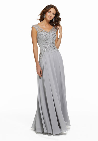 MGNY By Mori Lee - Beaded Lace V-neck A-line Chiffon Evening Dress 72021SC In Silver