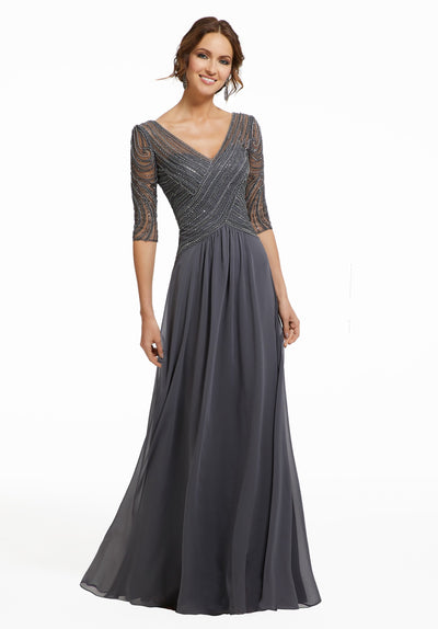 MGNY By Mori Lee - Beaded V-Neck A-Line Long Gown 72028 In Gray