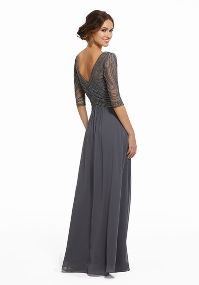 MGNY By Mori Lee - Beaded V-Neck A-Line Long Gown 72028 In Gray